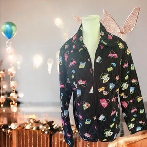 Requirements Black and Pink Bomber Jacket with Whimsical Print